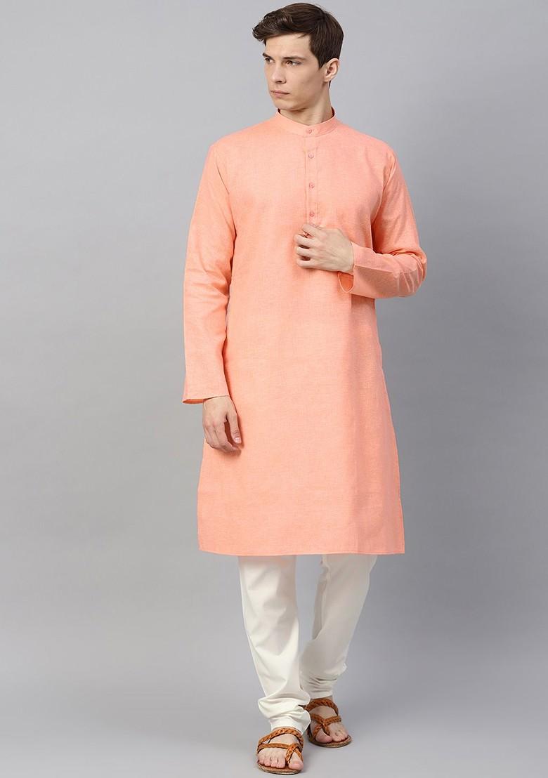 Peach Solid Poly Blend Kurta For Men