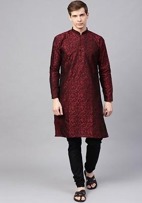 Maroon Woven Poly Blend Kurta For Men
