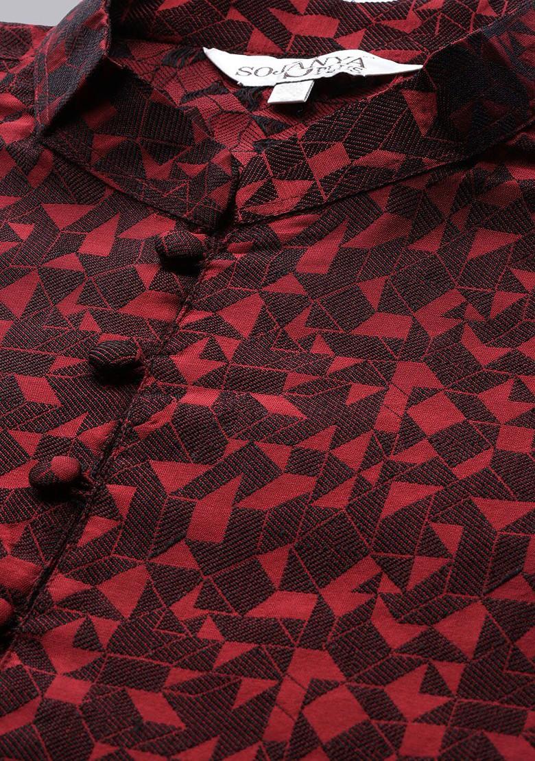 Maroon Woven Poly Blend Kurta For Men