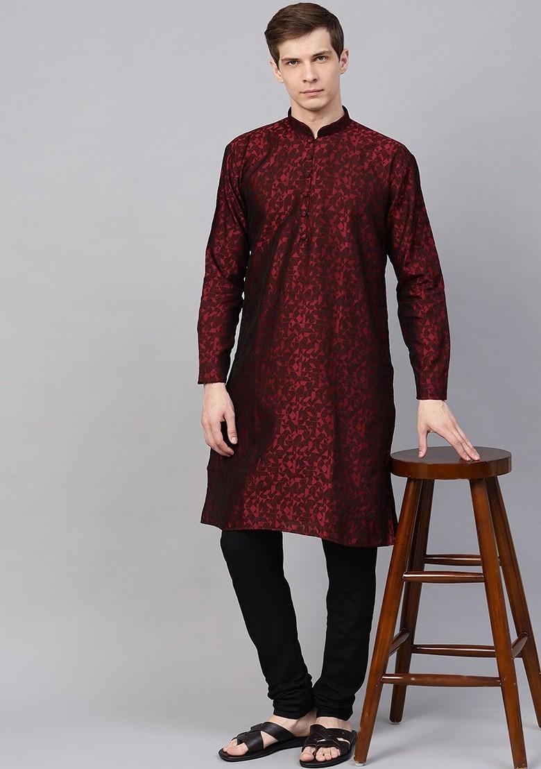 Maroon Woven Poly Blend Kurta For Men