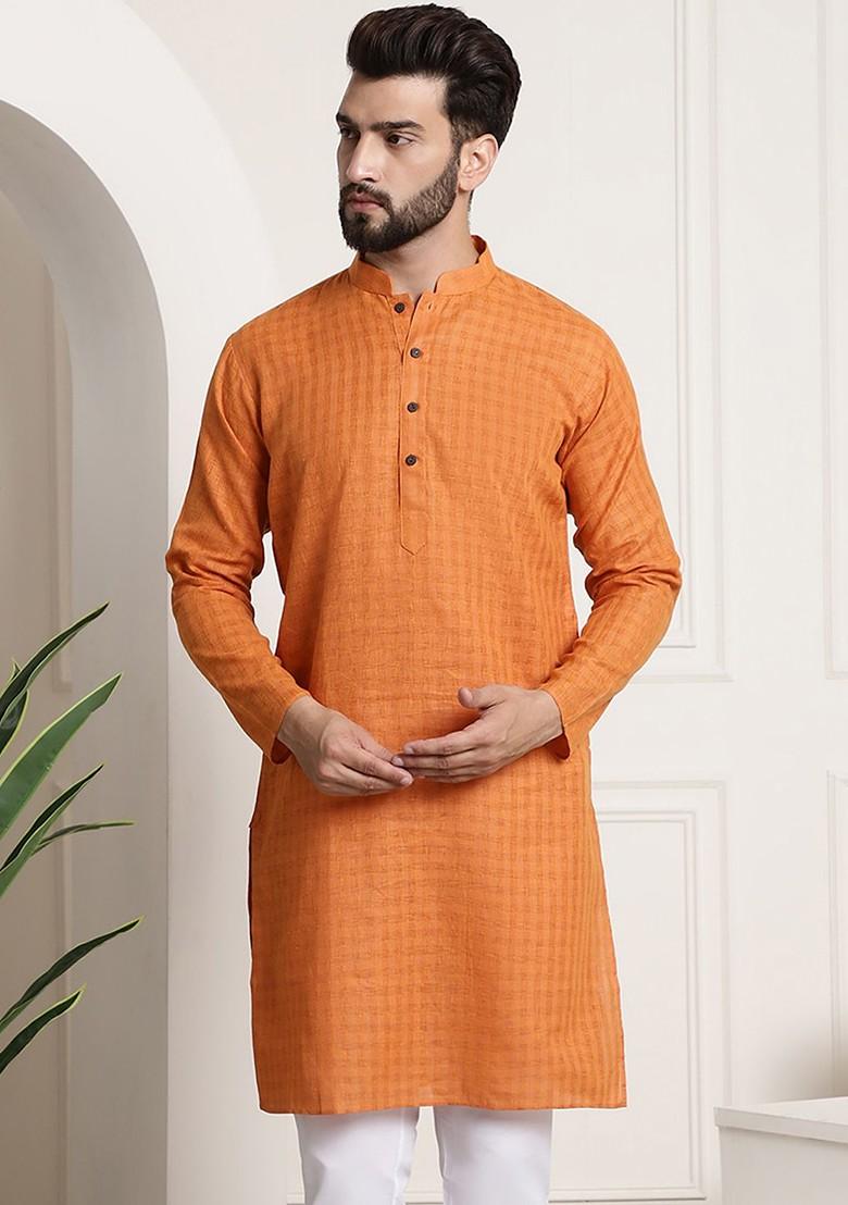 Orange Woven Cotton Kurta For Men