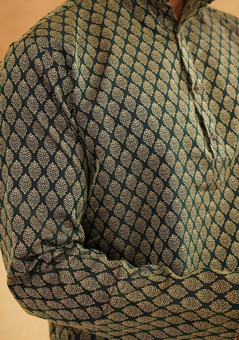 Green Ethnic Motifs Poly Blend Kurta For Men