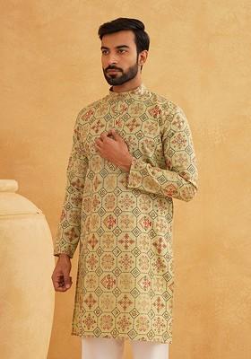 Green Ethnic Motifs Poly Blend Kurta For Men