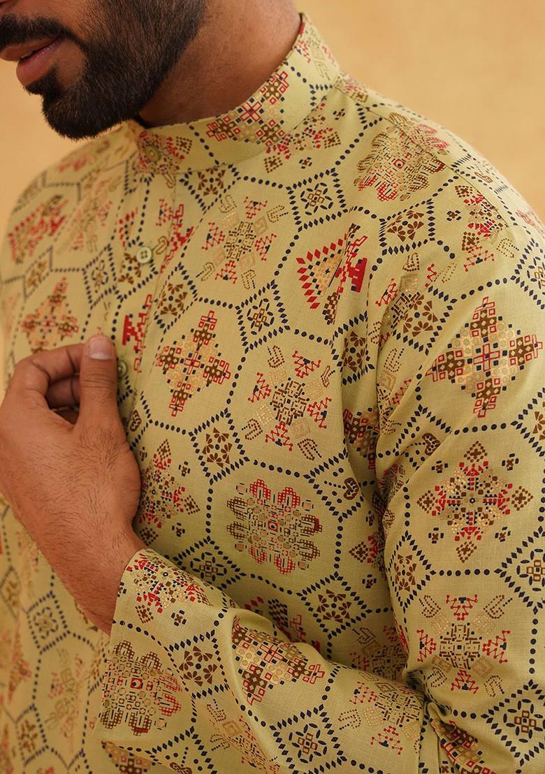 Green Ethnic Motifs Poly Blend Kurta For Men