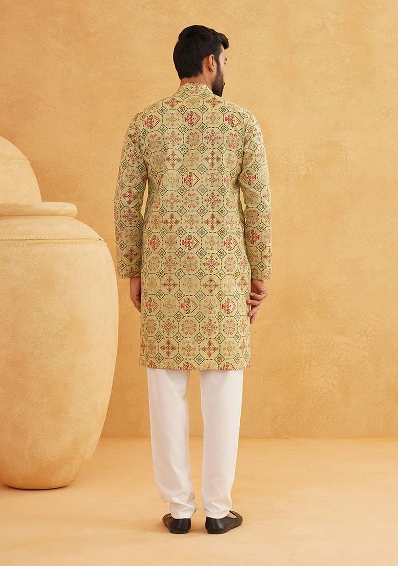 Green Ethnic Motifs Poly Blend Kurta For Men