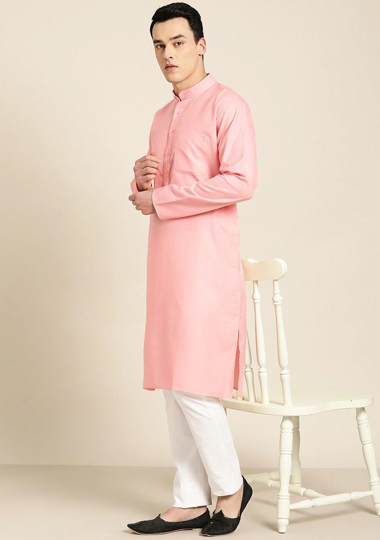 Pink Solid Poly Blend Kurta For Men