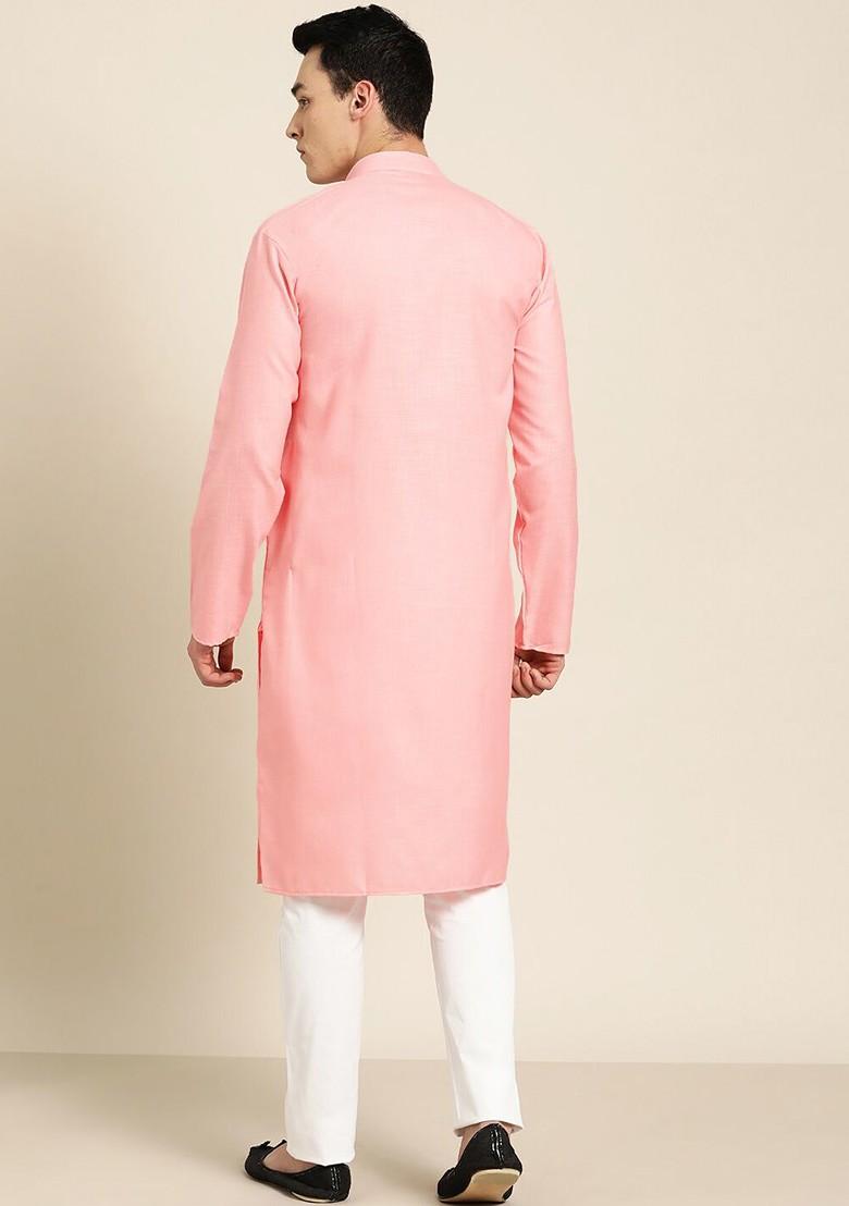 Pink Solid Poly Blend Kurta For Men