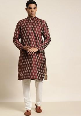 Maroon Woven Cotton Kurta For Men