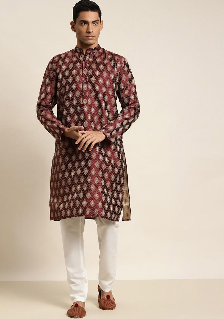 Maroon Woven Cotton Kurta For Men