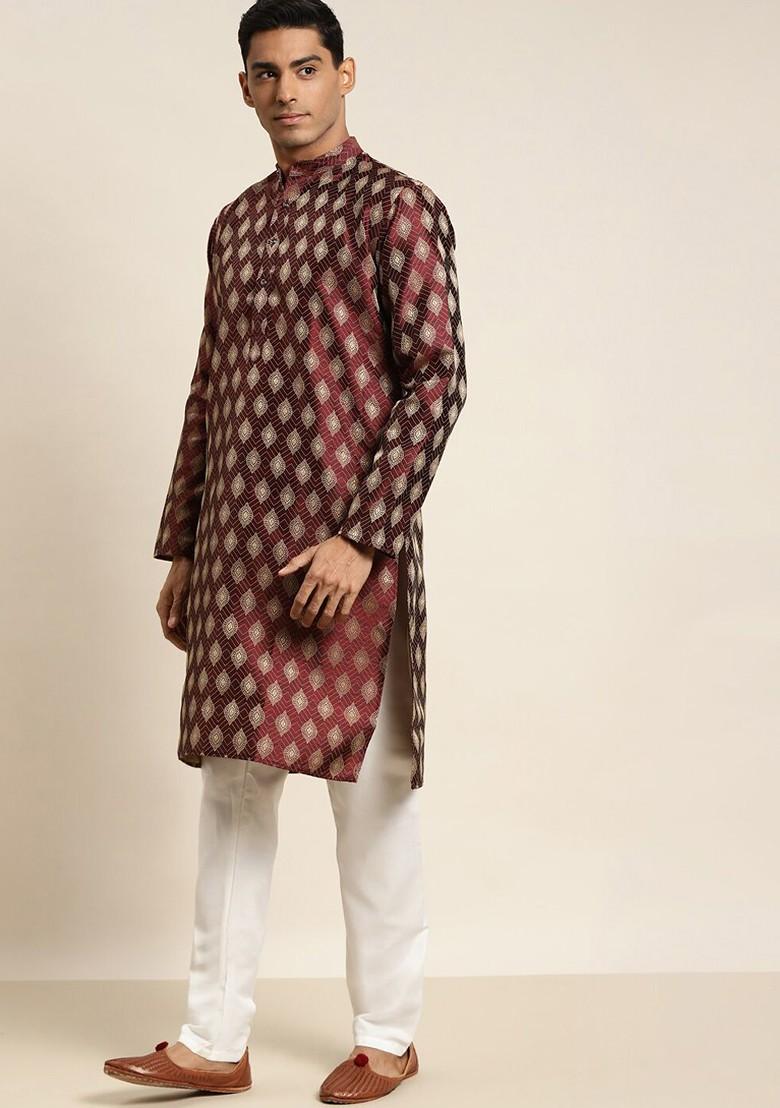 Maroon Woven Cotton Kurta For Men