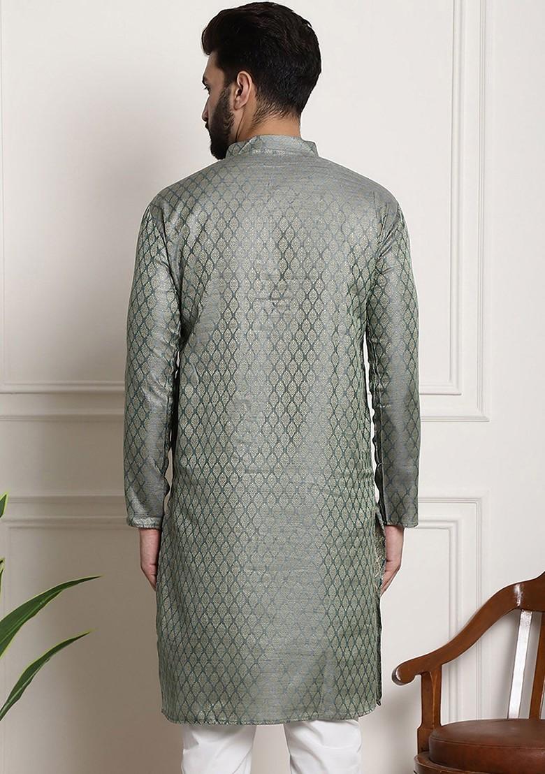 Teal Blue Woven Cotton Kurta For Men