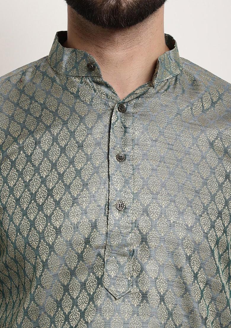 Teal Blue Woven Cotton Kurta For Men