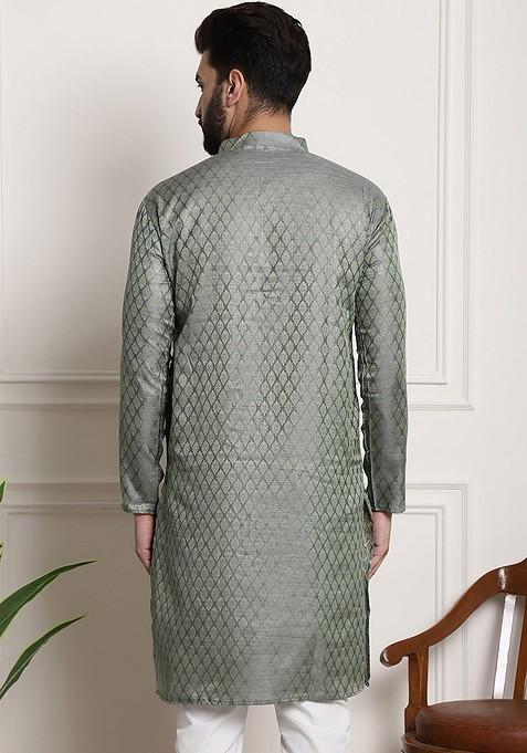 Teal Blue Woven Cotton Kurta For Men