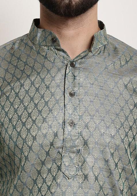 Teal Blue Woven Cotton Kurta For Men