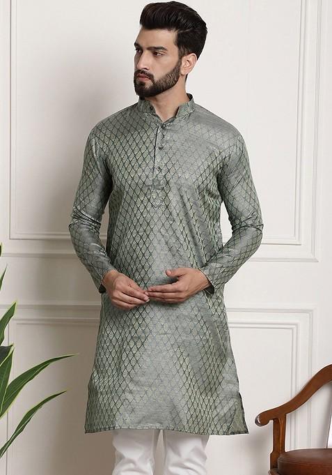 Teal Blue Woven Cotton Kurta For Men
