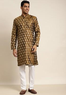 Mustard Woven Cotton Kurta For Men
