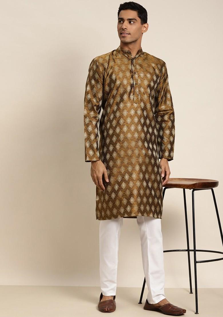 Mustard Woven Cotton Kurta For Men