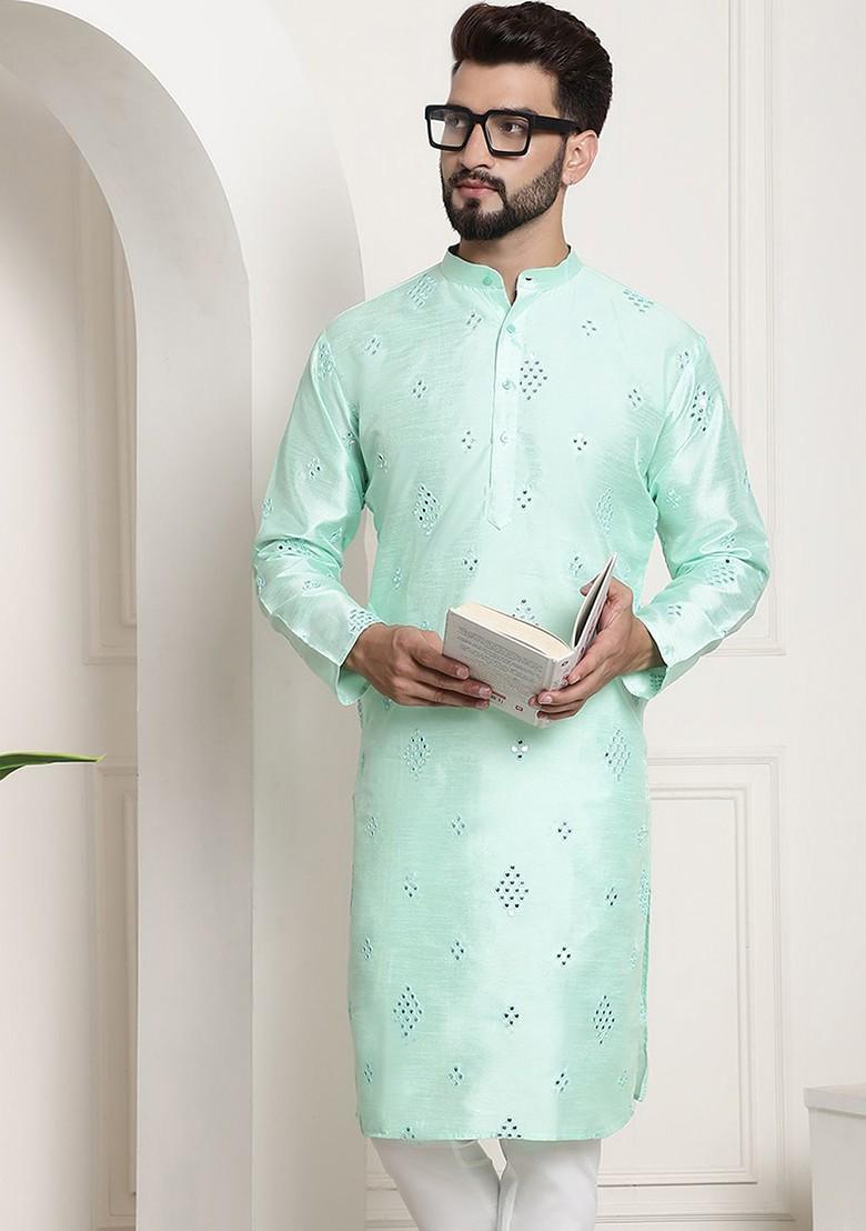 Sea Green Mirror Work Cotton Kurta For Men