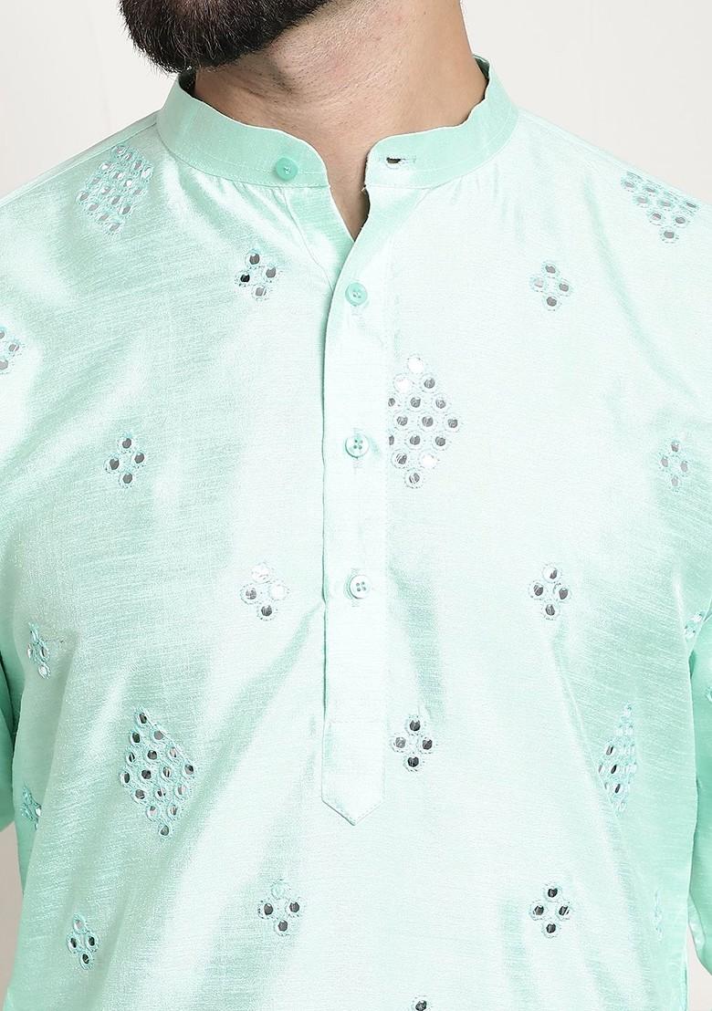 Sea Green Mirror Work Cotton Kurta For Men