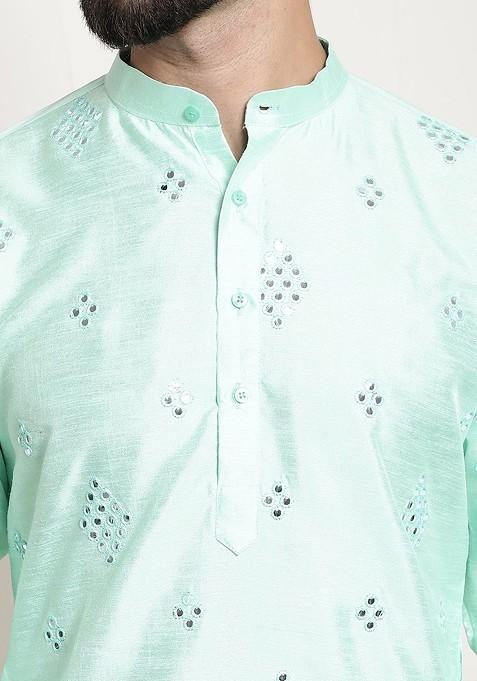 Sea Green Mirror Work Cotton Kurta For Men
