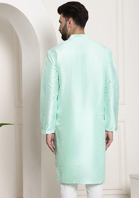 Sea Green Mirror Work Cotton Kurta For Men