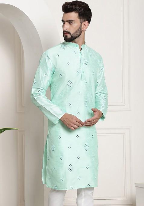 Sea Green Mirror Work Cotton Kurta For Men