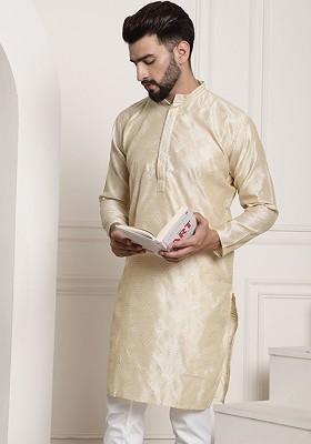 Beige Thread Work Poly Blend Kurta For Men