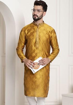 Mustard Thread Work Cotton Kurta For Men