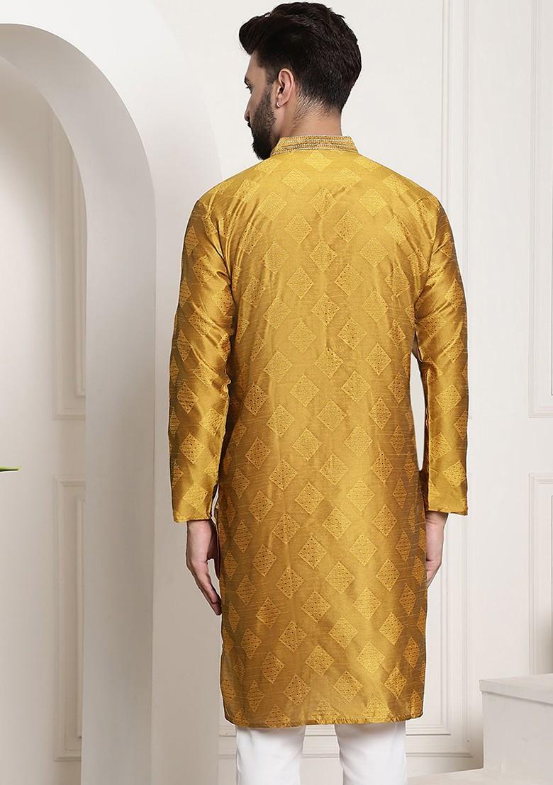 Mustard Thread Work Cotton Kurta For Men