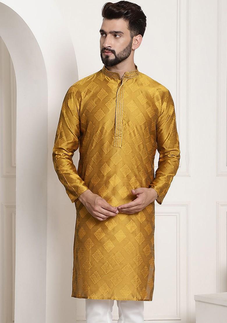 Mustard Thread Work Cotton Kurta For Men