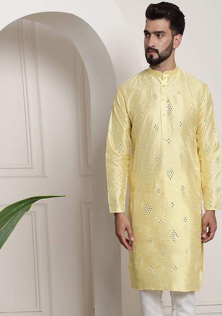 Yellow Mirror Work Cotton Kurta For Men