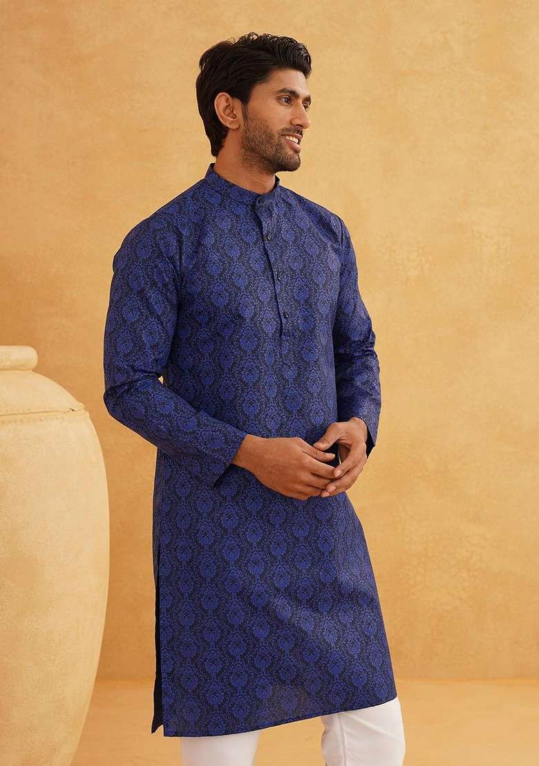 Navy Blue Ethnic Motifs Cotton Kurta For Men - Indya