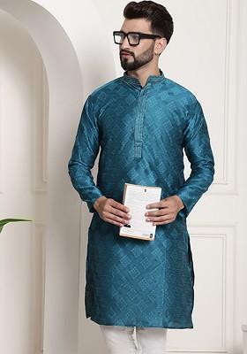 Blue Thread Work Cotton Kurta For Men