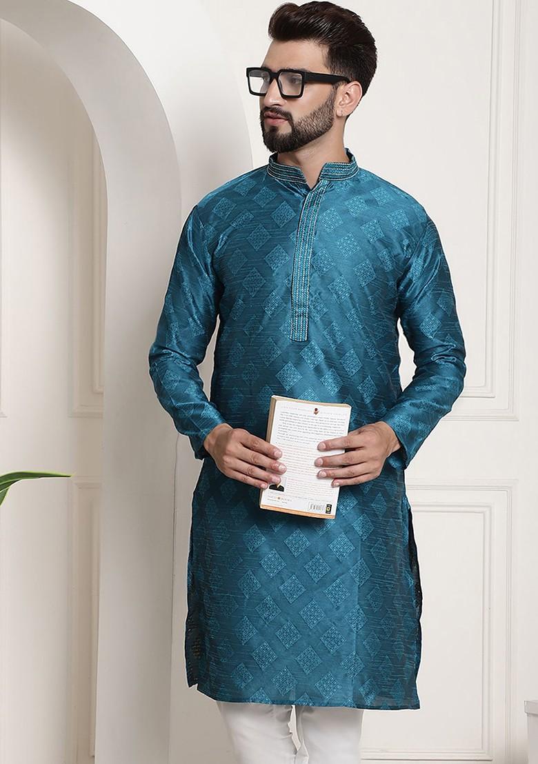 Blue Thread Work Cotton Kurta For Men