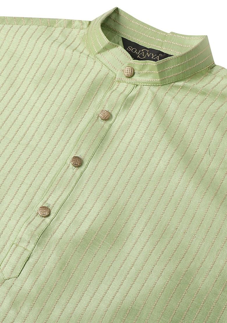 Green Embroidered Cotton Kurta For Men
