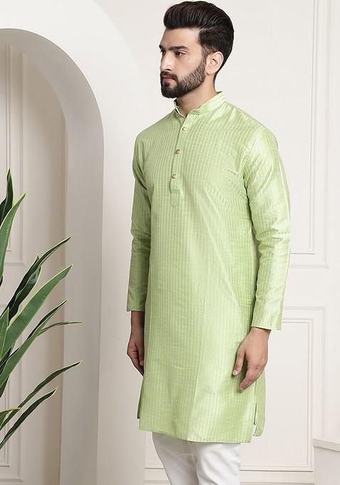 Green Embroidered Cotton Kurta For Men