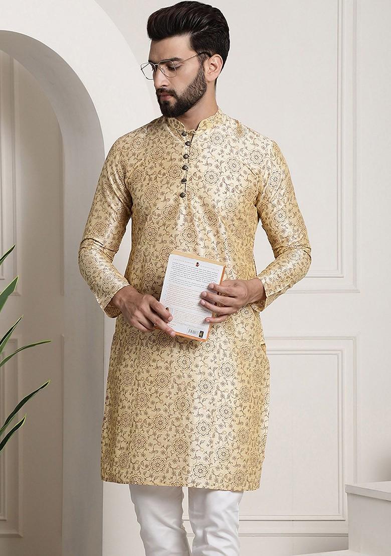 Beige Printed Cotton Kurta For Men