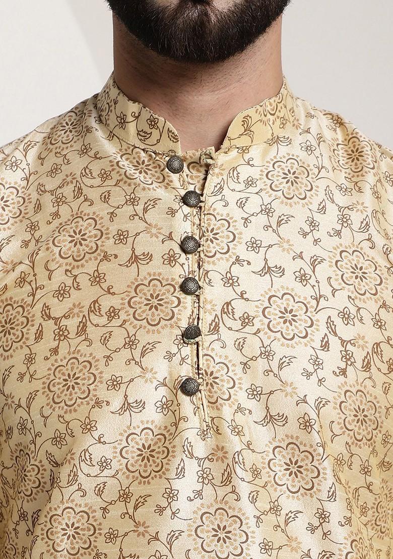 Beige Printed Cotton Kurta For Men