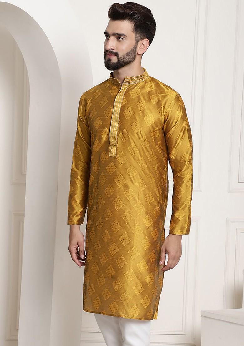 Mustard Ethnic Motifs Cotton Kurta For Men