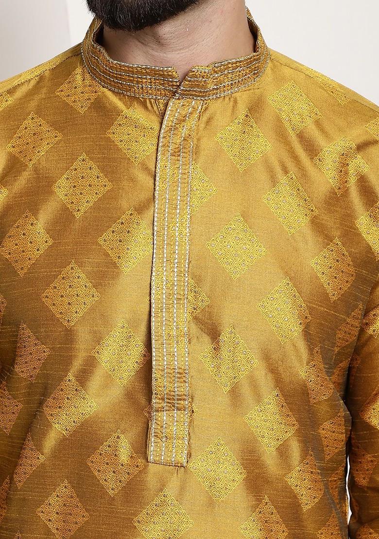 Mustard Ethnic Motifs Cotton Kurta For Men