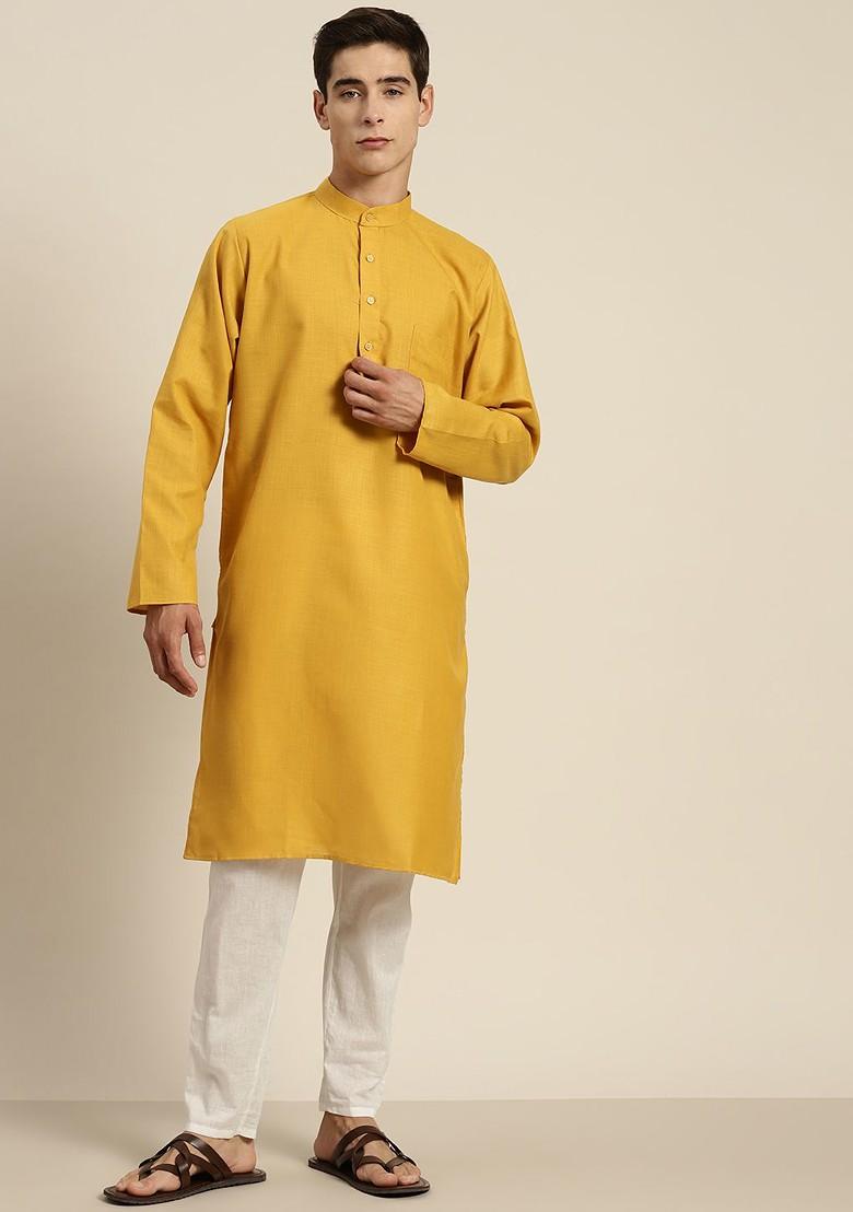 Mustard Solid Cotton Kurta For Men