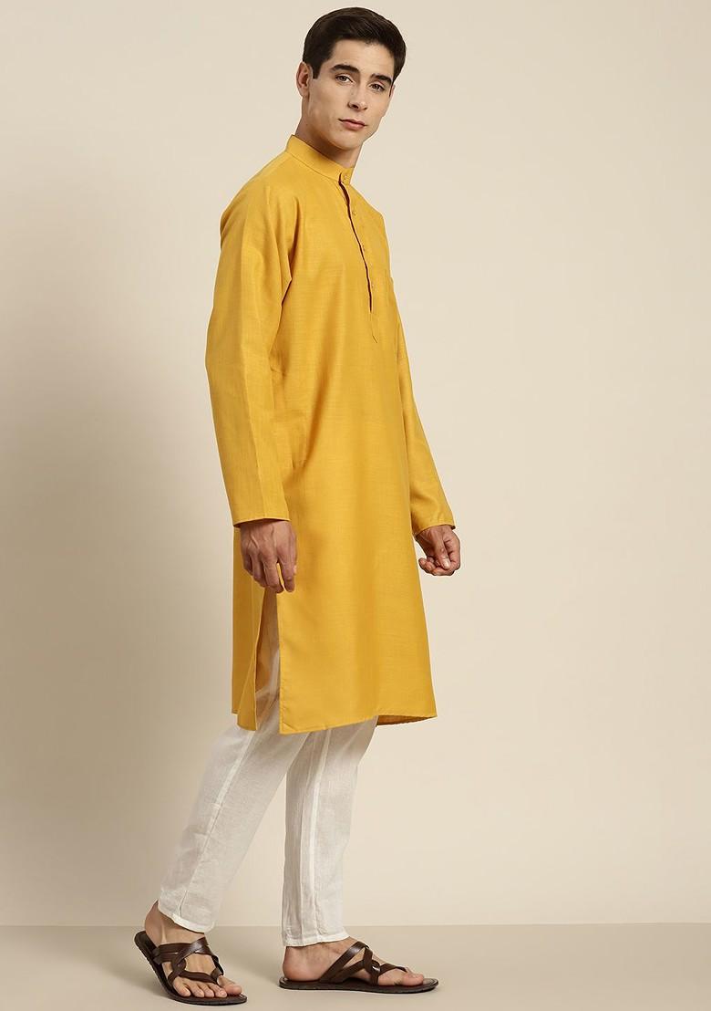 Mustard Solid Cotton Kurta For Men