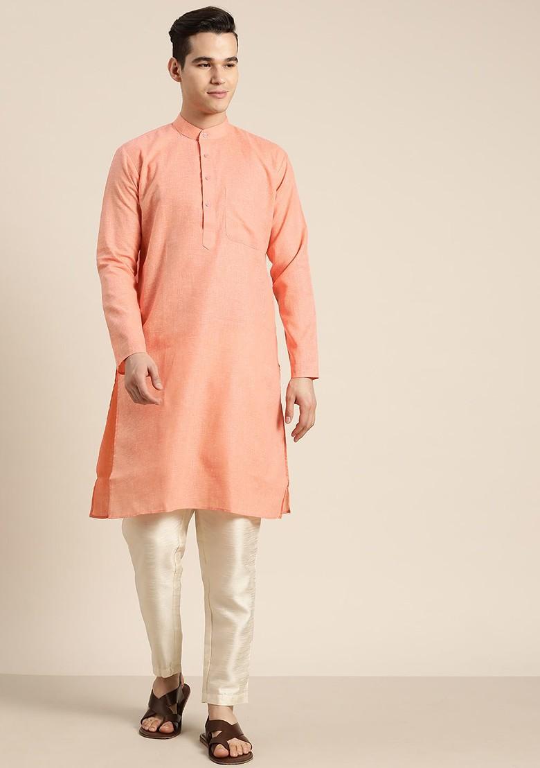 Orange Solid Cotton Kurta For Men