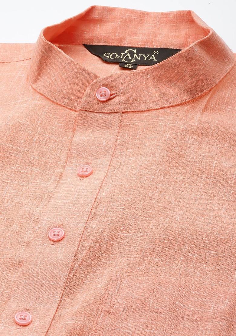 Orange Solid Cotton Kurta For Men