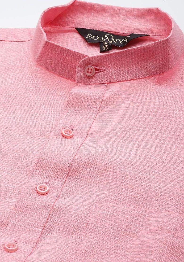 Pink Solid Cotton Kurta For Men