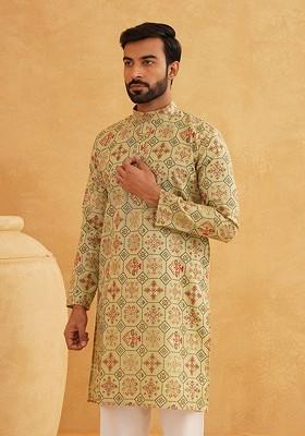 Green Ethnic Motifs Poly Blend Kurta For Men