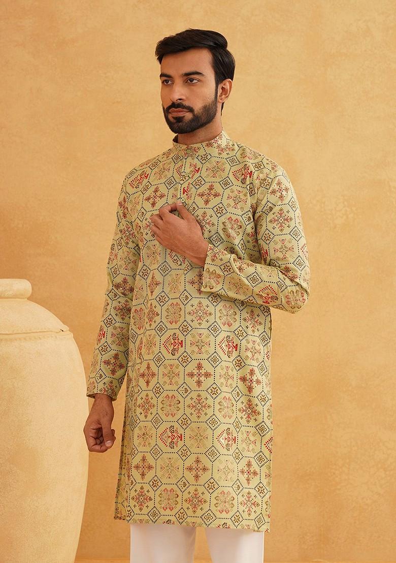 Green Ethnic Motifs Poly Blend Kurta For Men