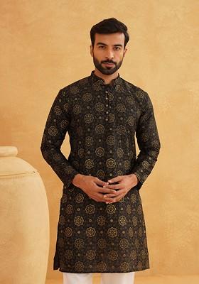 Black Ethnic Motifs Poly Blend Kurta For Men
