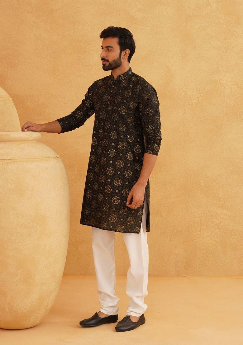 Black Ethnic Motifs Poly Blend Kurta For Men