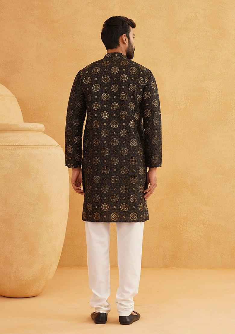 Black Ethnic Motifs Poly Blend Kurta For Men